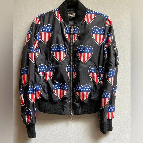 Love Moschino Bomber  Jacket With American Heart Flags Sz 4 - Picture 1 of 14